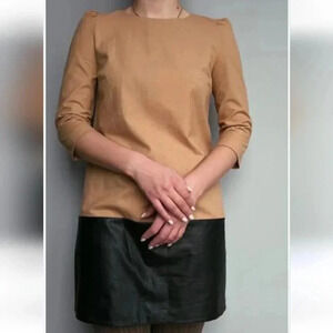 Zara Tan Fabric and Faux Black Leather Shift Dress